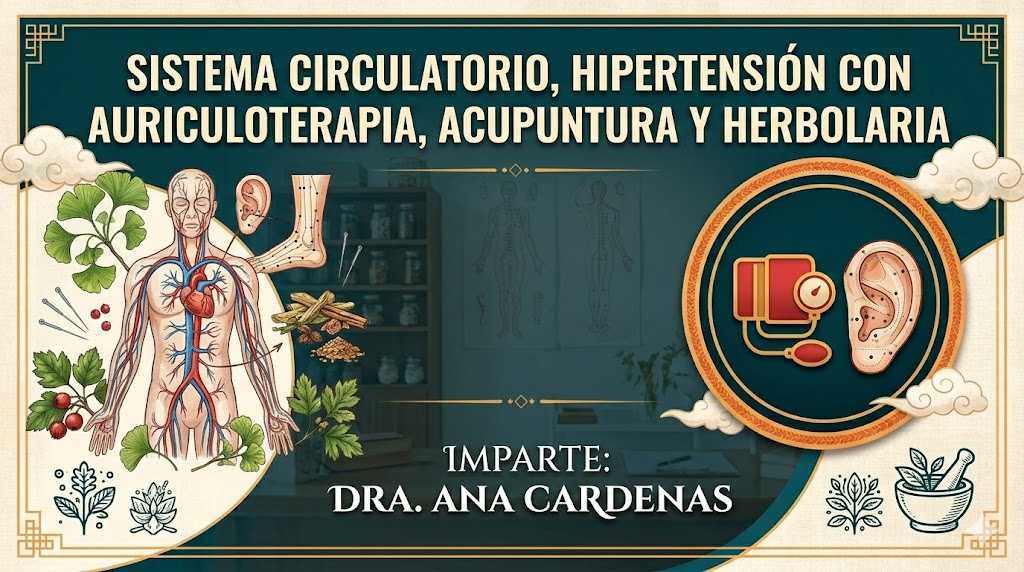 banner del curso: sistema circulatorio, hipertensión con auriculoterapia, acupuntura y herbolaria