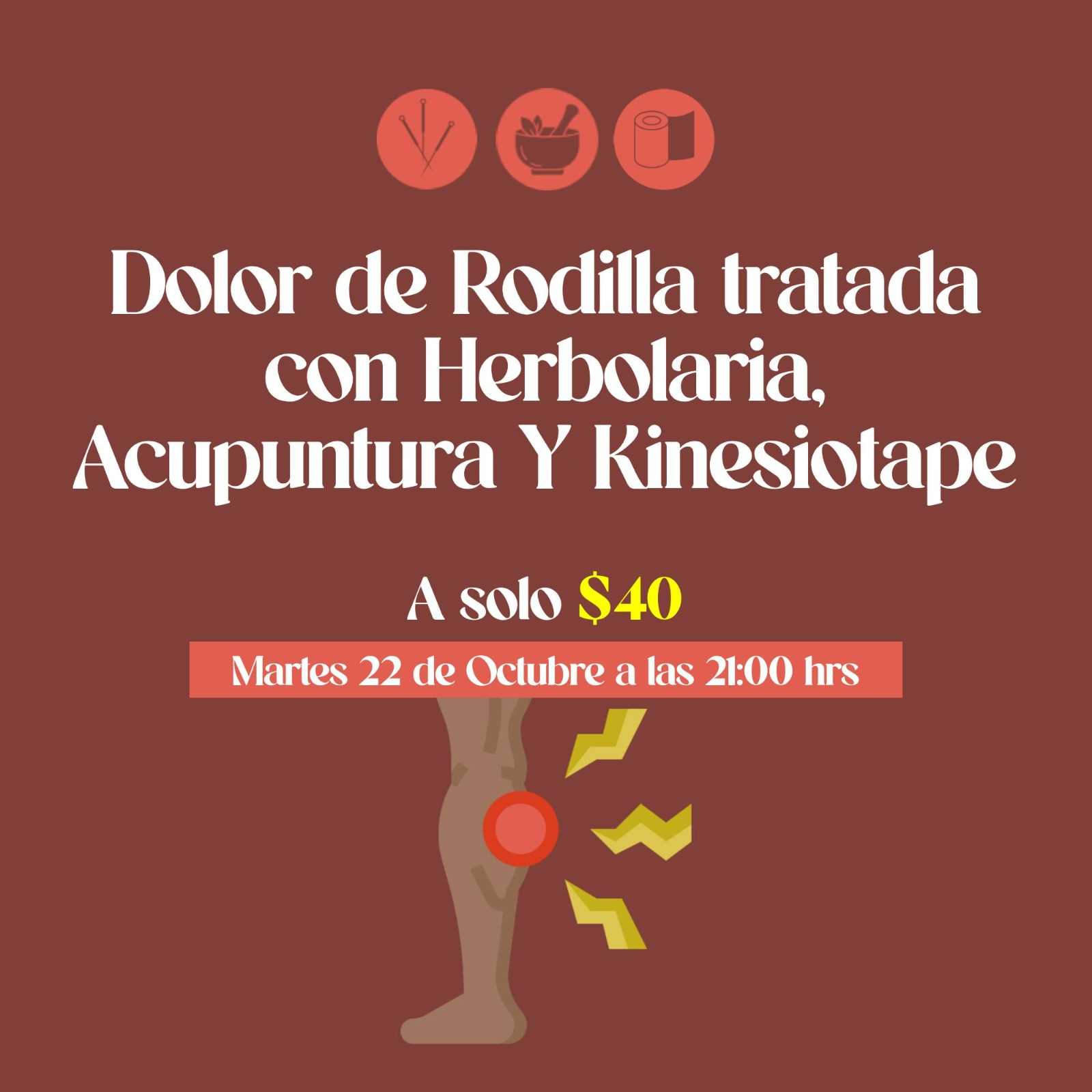 banner del curso: dolor de rodilla tratada con herbolaria y acupuntura y kinesiotape