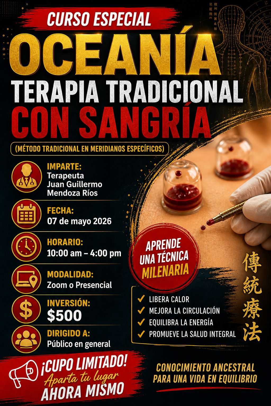 banner del curso: terapia integral con sangria (método tradicional en meridianos específicos)