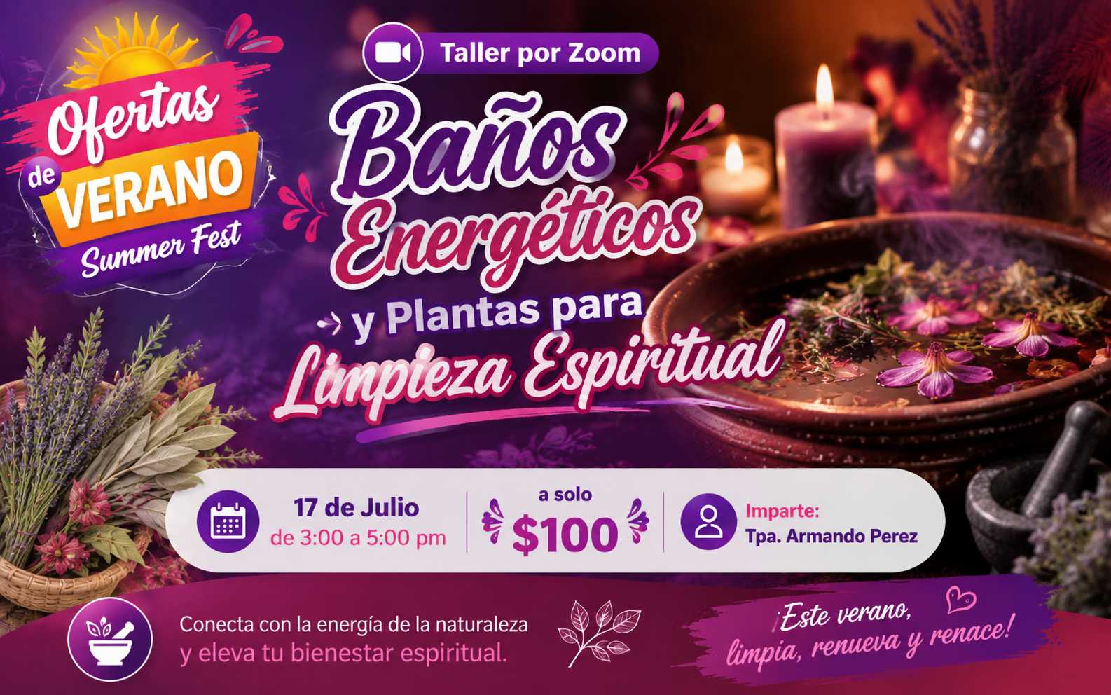 banner del curso: limpia energética y plantas para limpieza espiritual